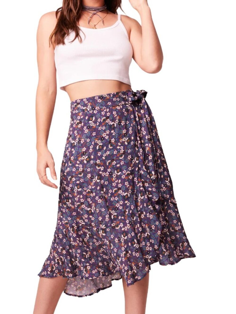 Free People Linaelle Purple Floral Wrap Midi Skirt Ruffle Size Small